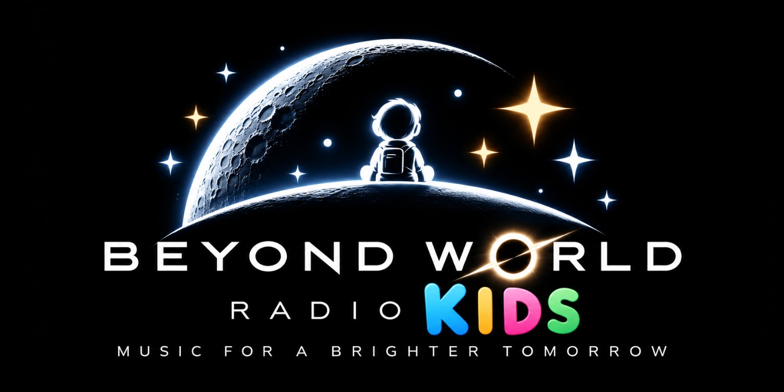 Beyond World Radio Kids — Music for a brighter tomorrow. An astronaut beneath a crescent Moon and stars, with colourful KIDS lettering.