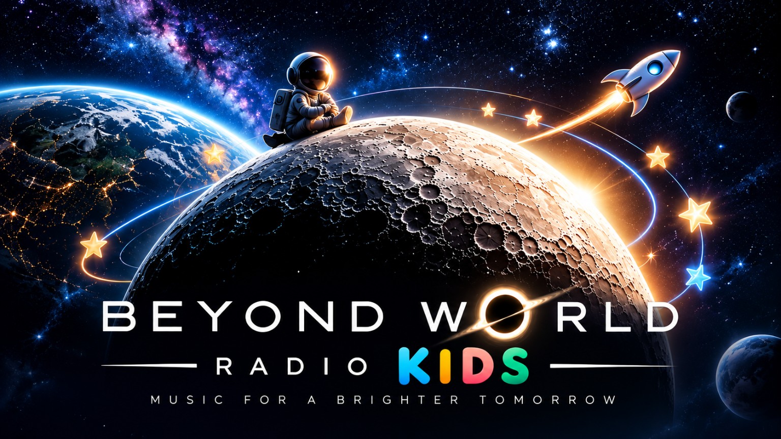 A little astronaut, a rocket and colourful stars above the Moon — Beyond World Radio Kids.